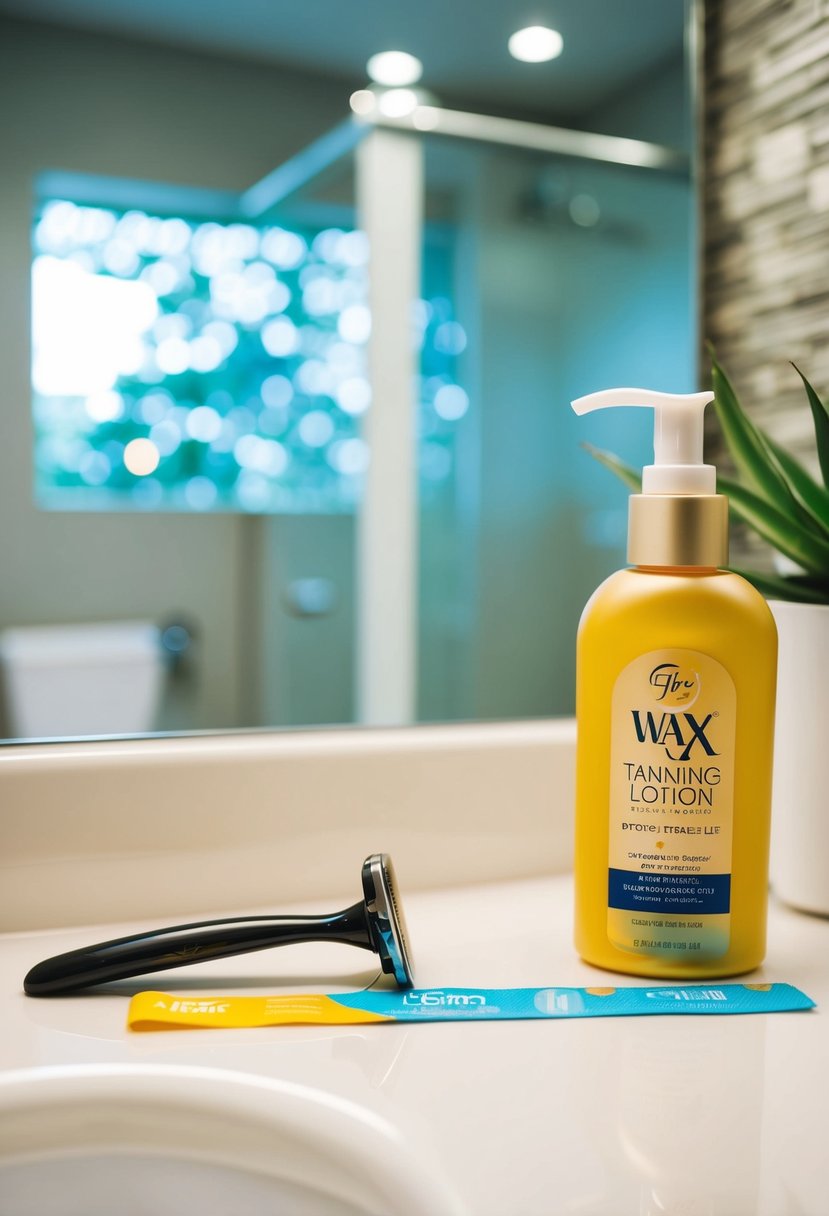 A razor and wax strip lie next to a bottle of tanning lotion on a bathroom counter