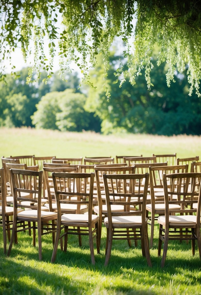 Rustic wooden chairs arranged in a circle under a canopy of greenery, with soft sunlight filtering through for a summer wedding