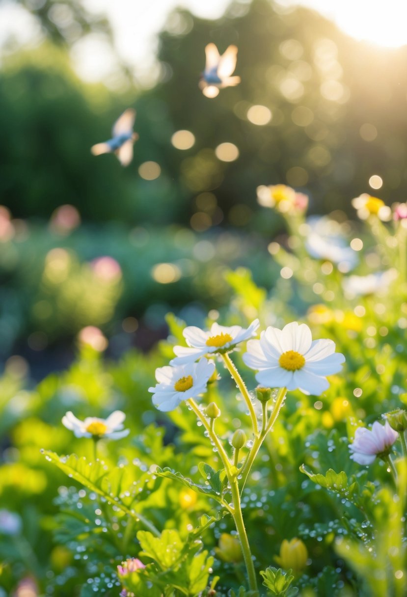 Morning: Soft sunlight filters through a garden, highlighting delicate flowers and dew-kissed foliage. A serene atmosphere fills the air as birds chirp in the background