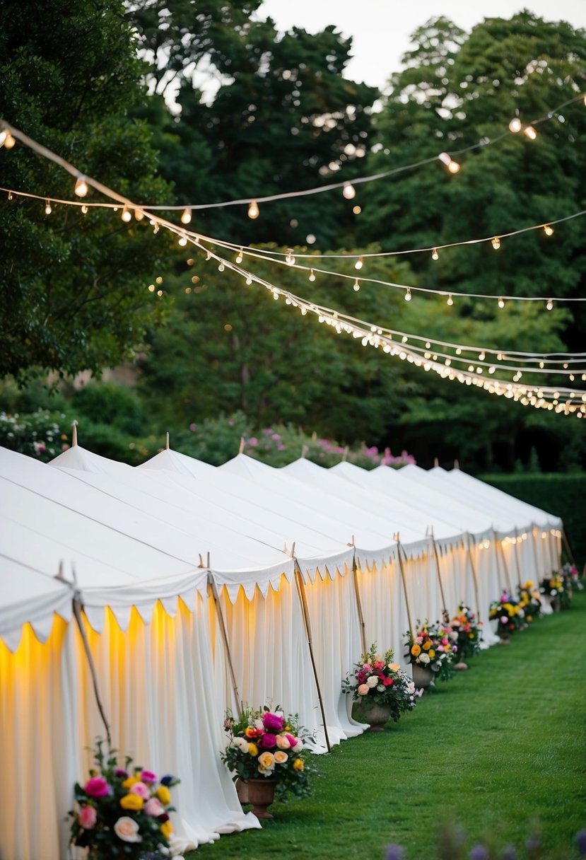 A row of white draped wedding tents set up in a lush green garden, with colorful flowers and twinkling lights, creating a romantic and elegant atmosphere for a summer wedding