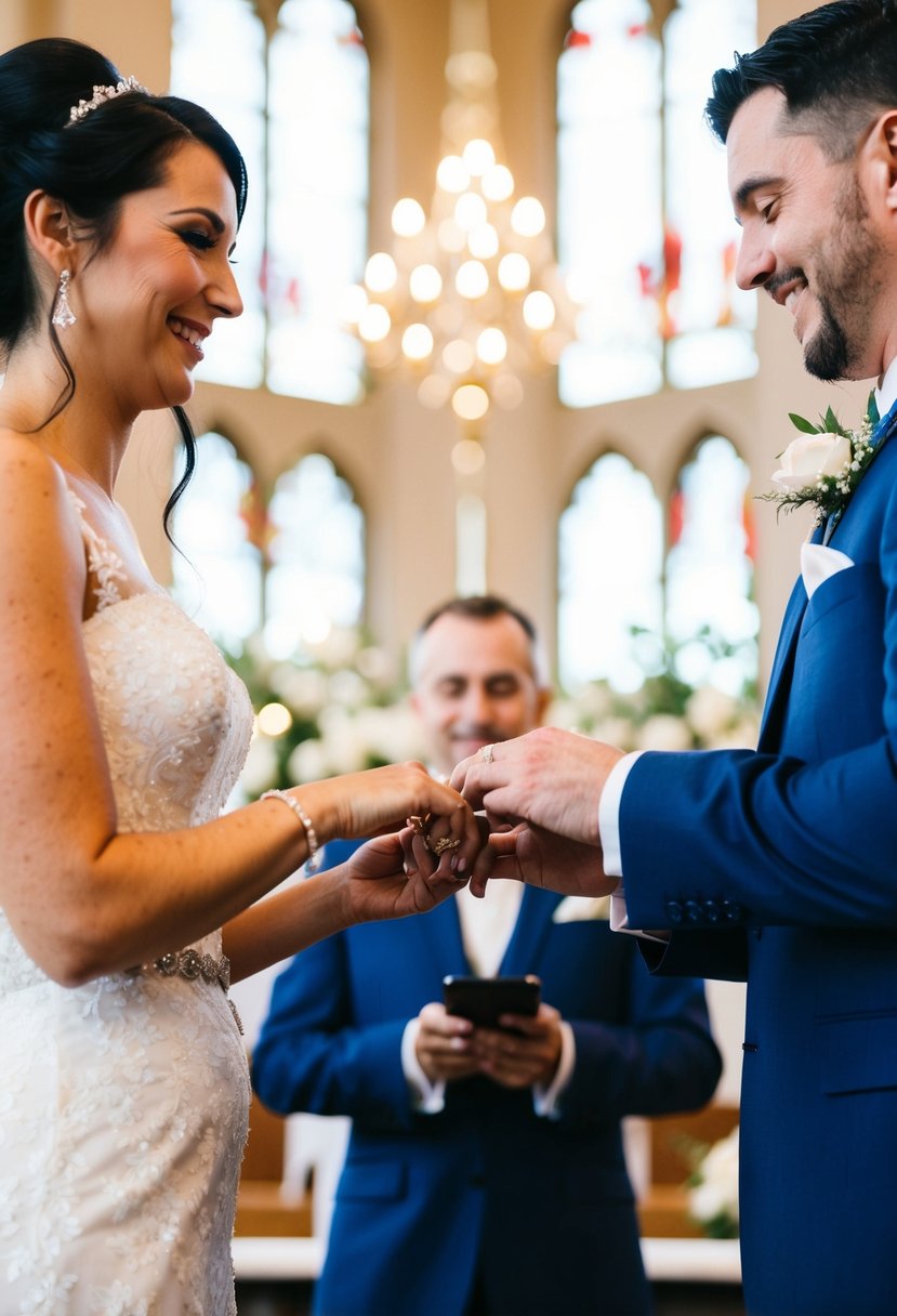 A bride and groom exchanging rings at the altar