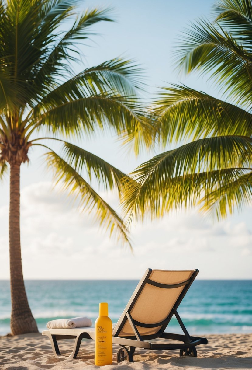 A sun-kissed beach scene with a lounge chair and a bottle of tanning lotion, surrounded by palm trees and the ocean