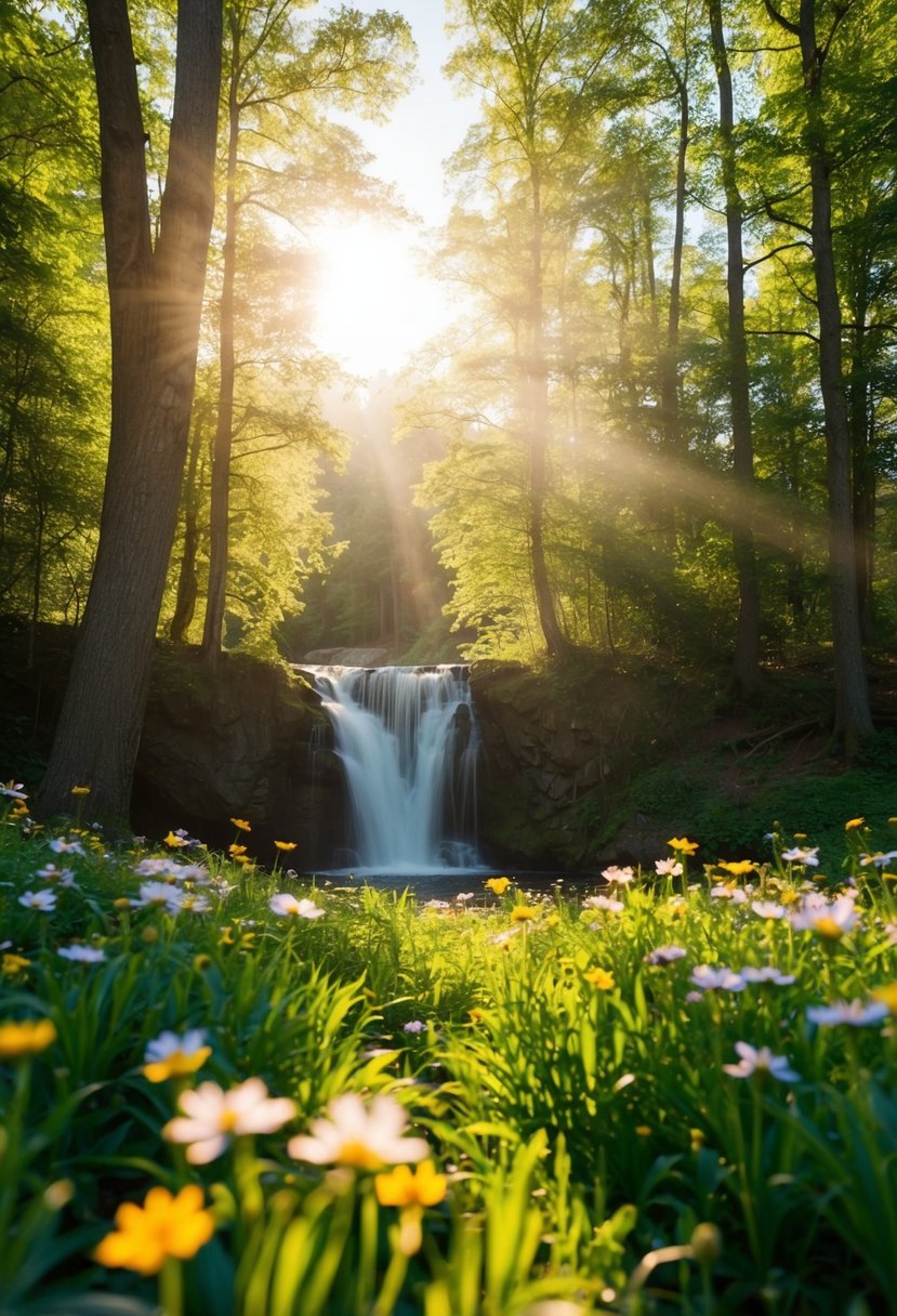 A sun-dappled forest clearing, with a cascading waterfall and blooming wildflowers, bathed in golden light