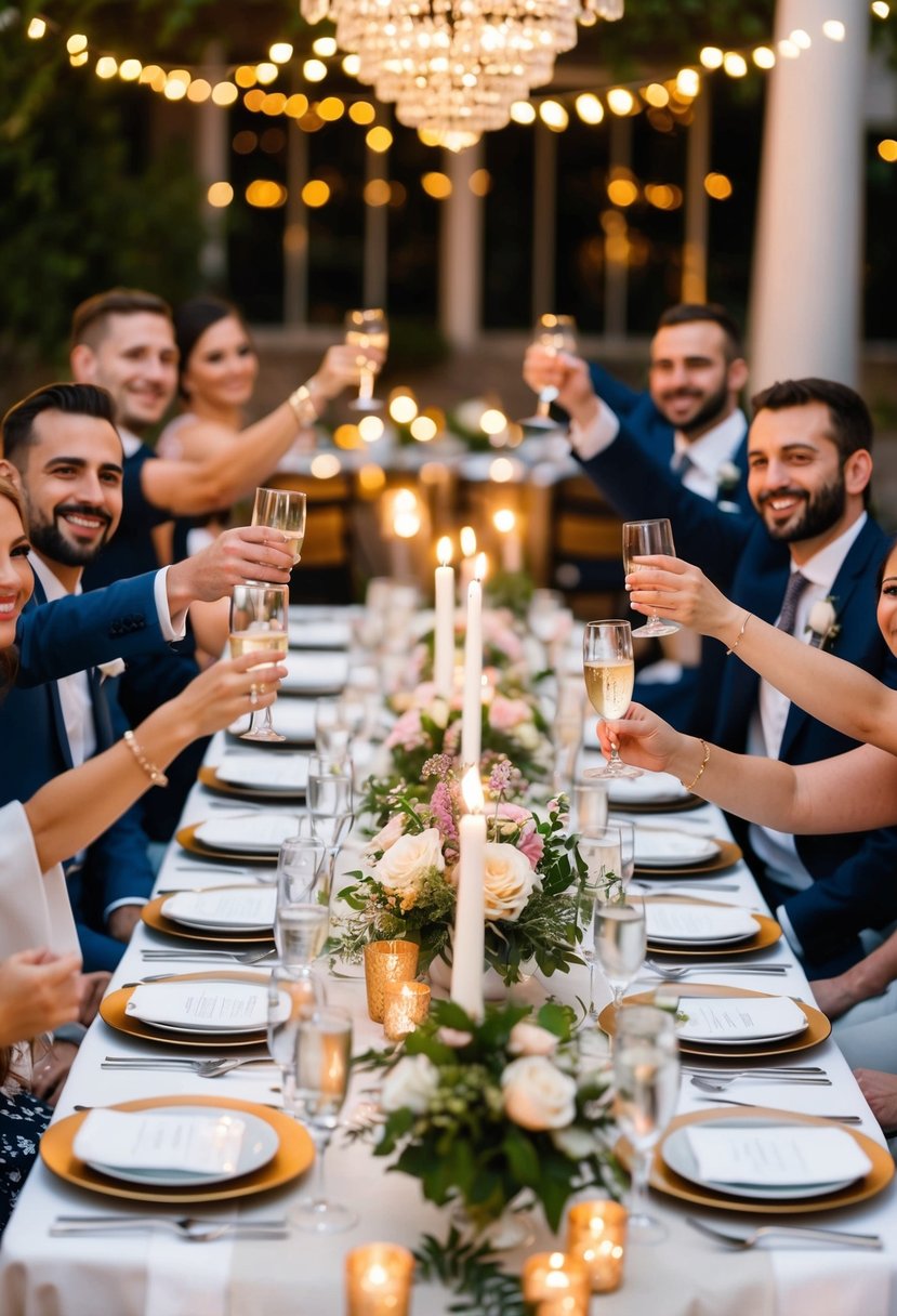 A table set with elegant place settings, adorned with floral centerpieces and flickering candles, surrounded by happy guests raising their glasses in celebration