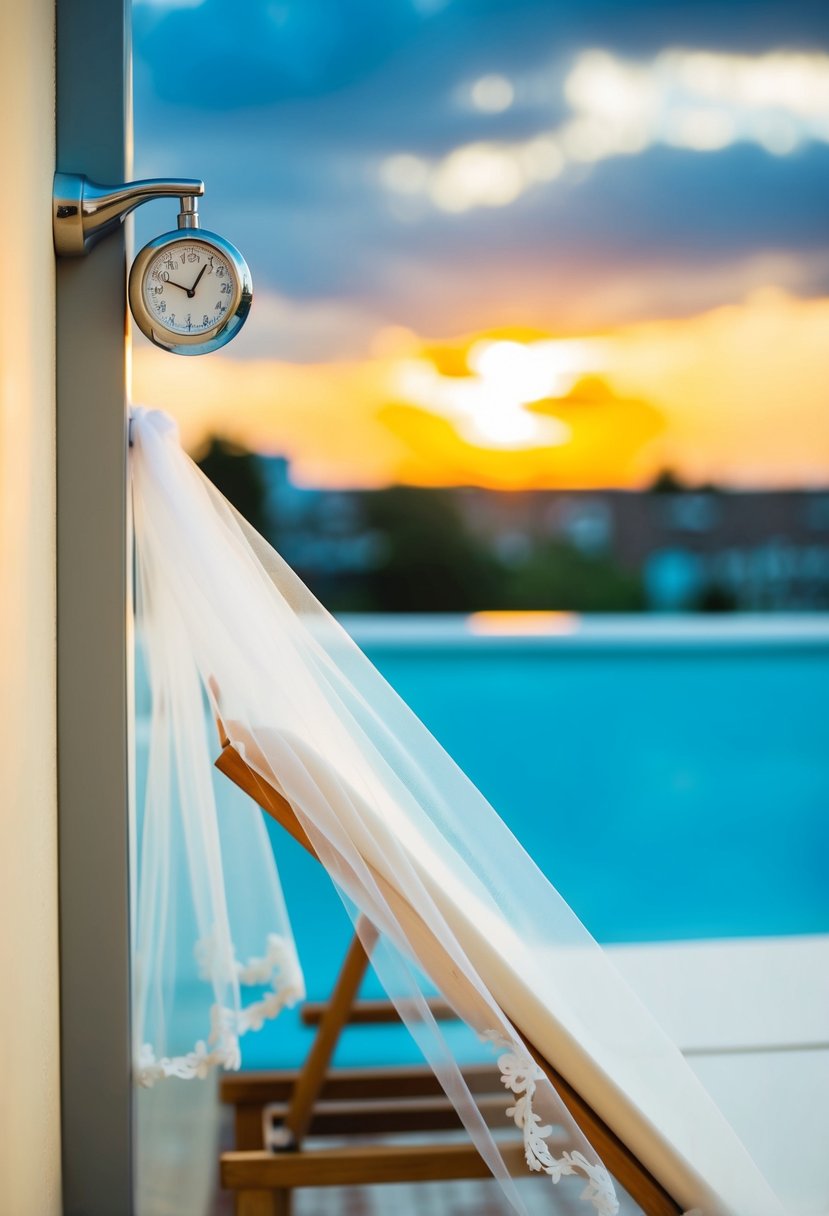 A shower timer ticking next to a sunbed with a wedding veil draped over the edge