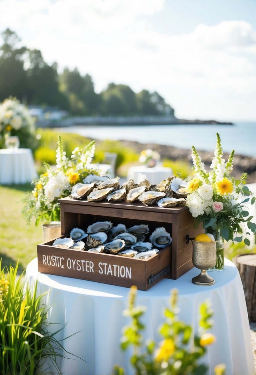 A coastal wedding scene with a rustic oyster station, surrounded by summer flowers and greenery, with soft sunlight filtering through