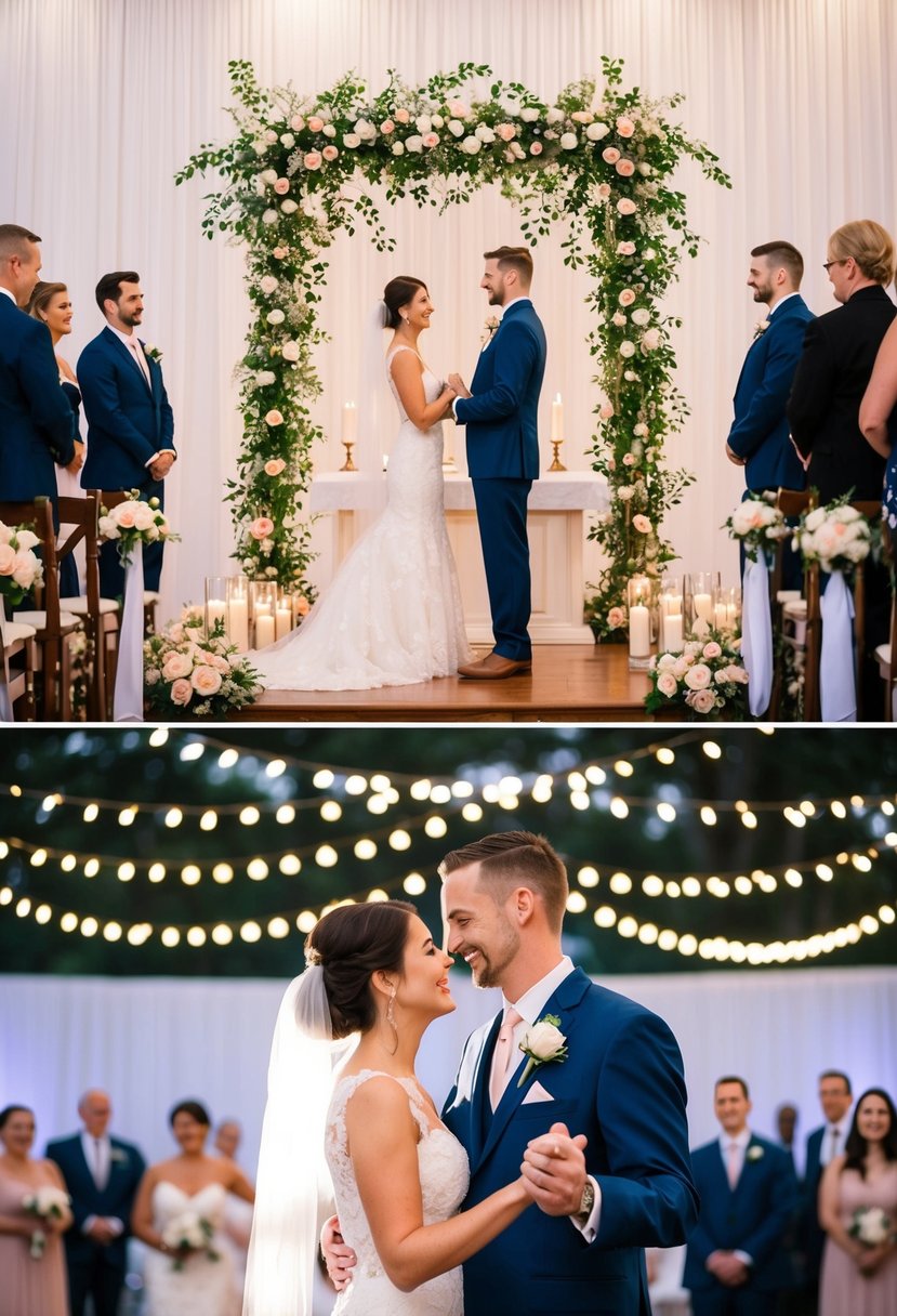 A couple standing at the altar exchanging vows, surrounded by flowers and candles. Later, they share their first dance under a canopy of twinkling lights