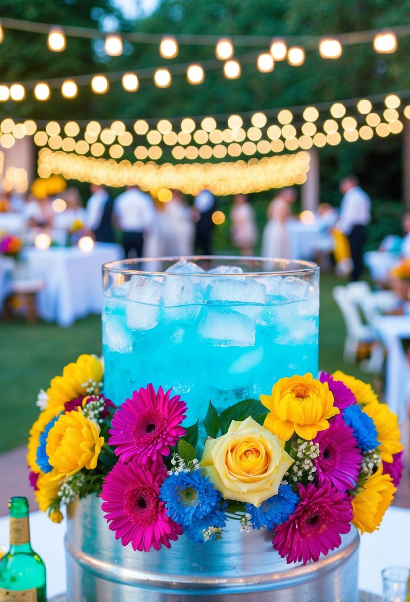 A festive outdoor wedding scene with a vibrant ice-cooled drink bar surrounded by colorful summer flowers and twinkling lights