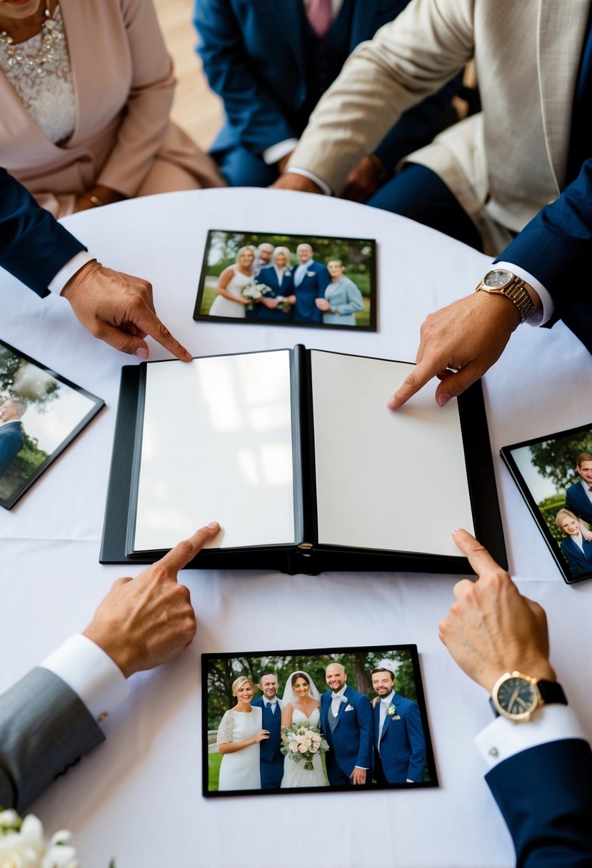 A table with a wedding album surrounded by family and friends, with hands pointing to different pages