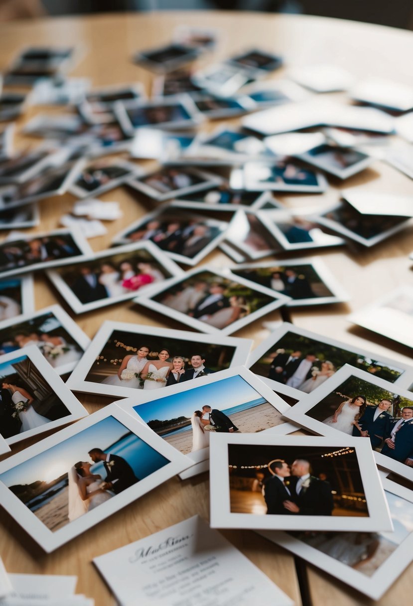 A table scattered with wedding photos, some overlapping, others neatly arranged