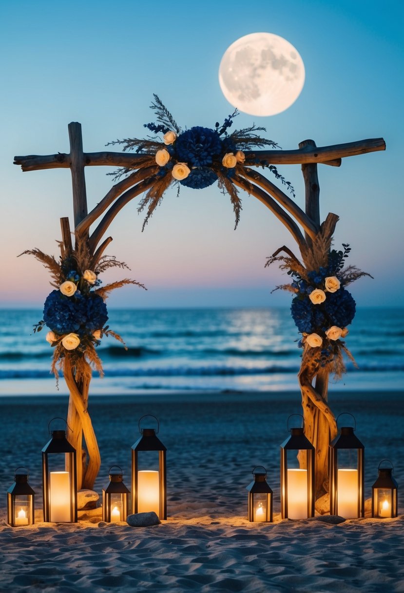 A moonlit beach with glowing lanterns, driftwood arches, and deep blue floral arrangements