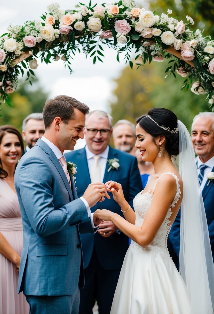 A bride and groom exchange rings under a flower-covered archway, surrounded by friends and family