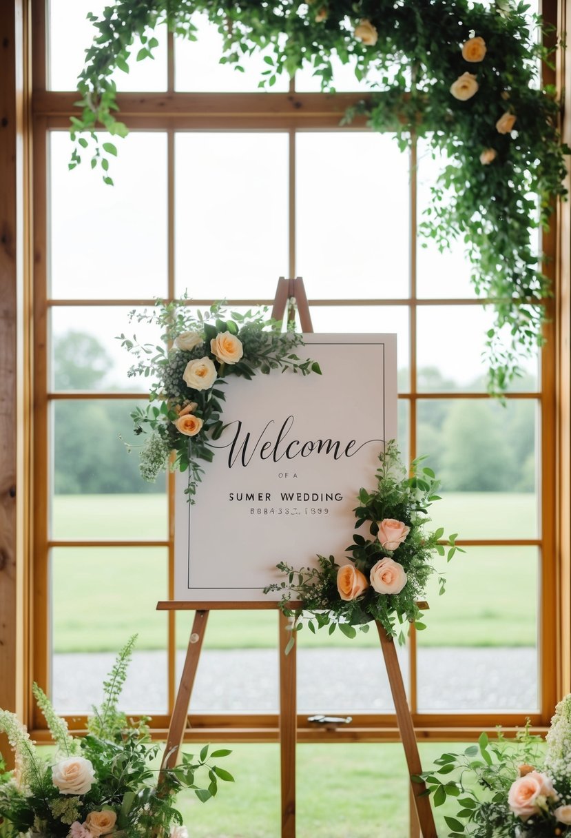 Windows arranged as welcome signs for a summer wedding, adorned with flowers and greenery