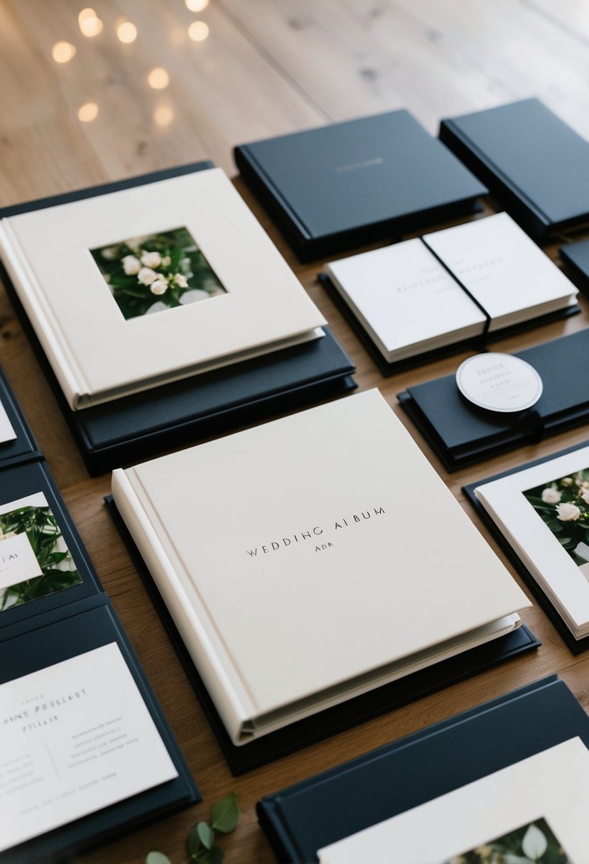 A neatly arranged wedding album with simple, elegant layouts and clean design elements