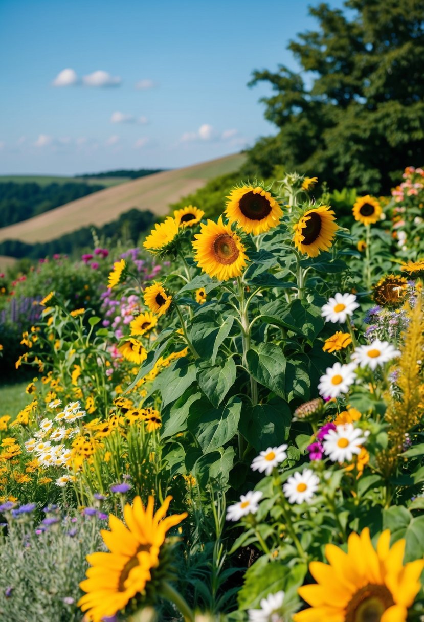 A lush garden bursting with vibrant summer blooms, including sunflowers, daisies, and wildflowers, set against a backdrop of rolling hills and clear blue skies