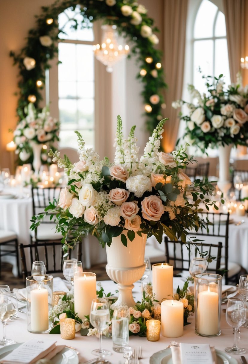 A beautiful wedding venue with elegant decor, featuring floral arrangements, candles, and romantic lighting