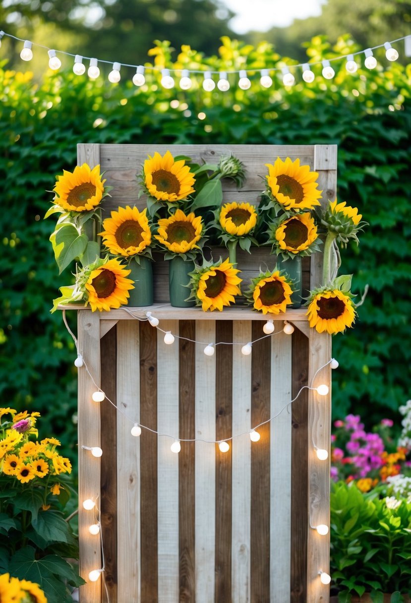 A rustic wooden photo booth adorned with sunflowers and string lights, set against a backdrop of lush greenery and colorful summer flowers