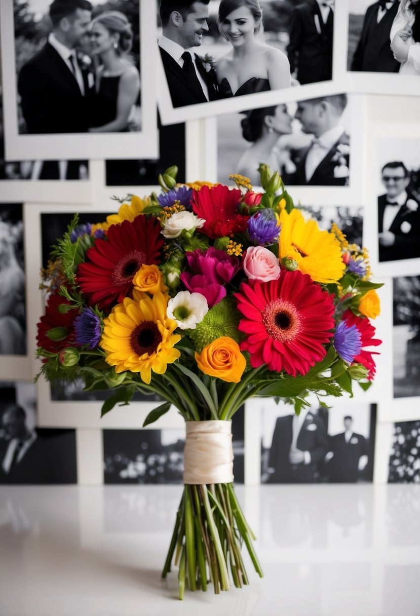 A wedding bouquet of colorful flowers against a backdrop of black and white photos