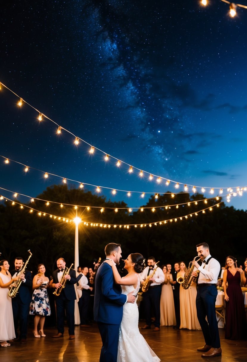 A jazz band performing under a starry summer night sky, surrounded by twinkling lights and a dance floor filled with happy wedding guests