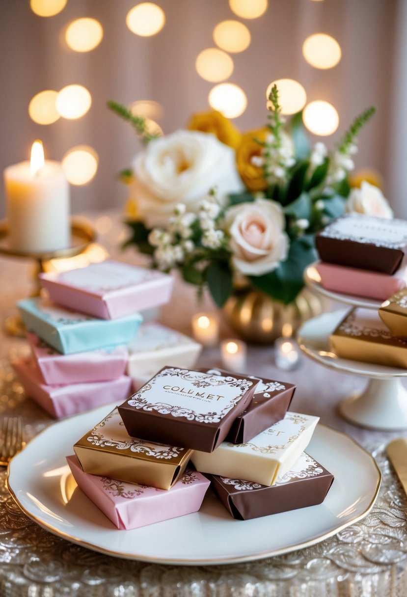 A beautifully decorated dessert table with a variety of gourmet ice cream bars in elegant and romantic wedding-themed packaging