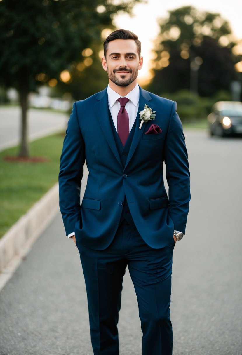 A groom's outfit: navy suit, white dress shirt, black leather shoes, and a burgundy tie with a matching pocket square