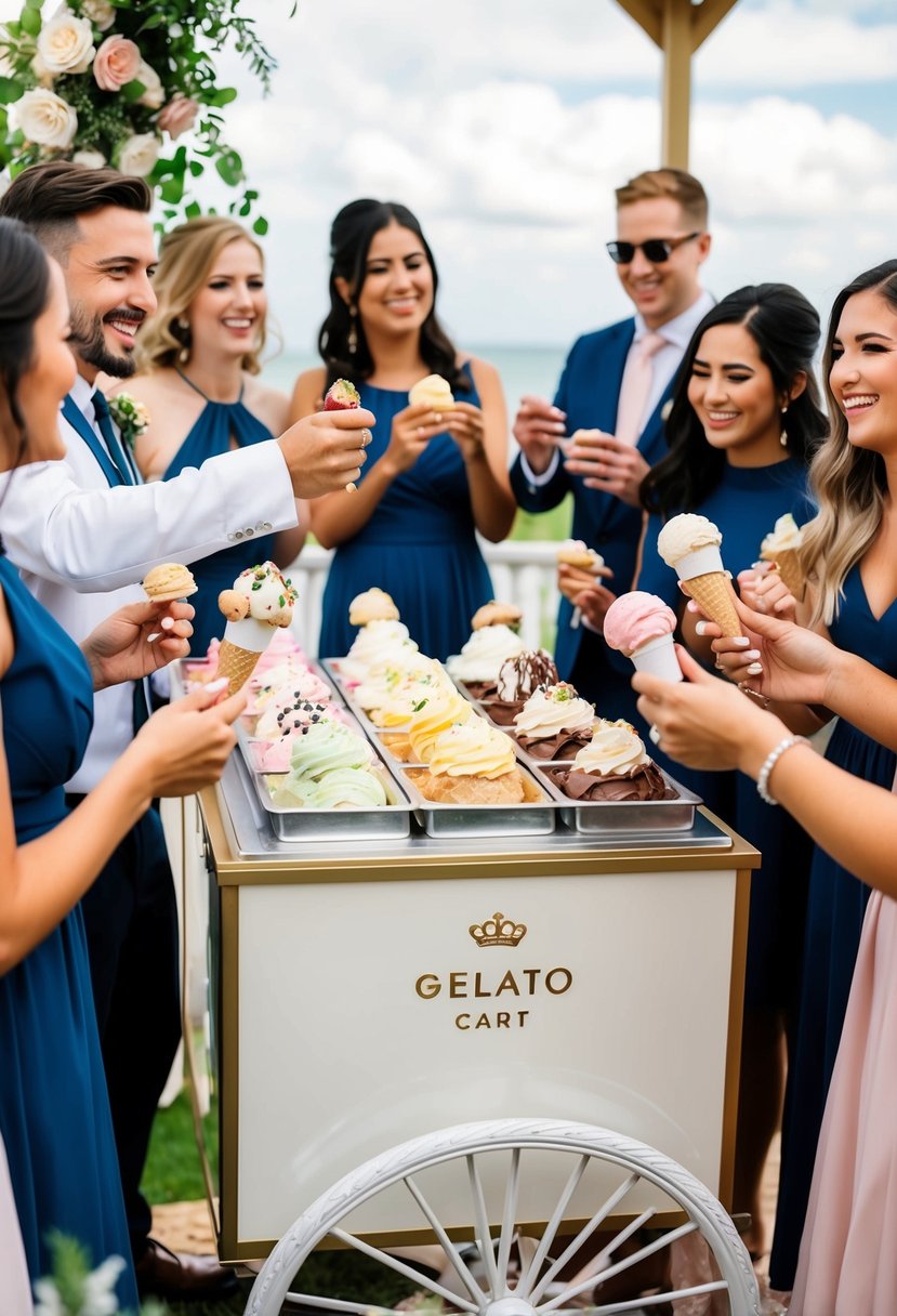 A decorated gelato cart at a wedding, with various toppings and flavors displayed, surrounded by happy guests enjoying their customized ice cream bars