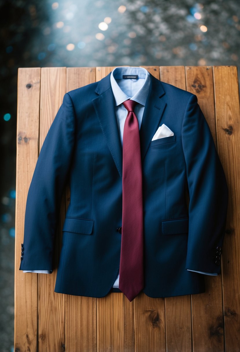 A navy suit with a burgundy tie laid out on a wooden table