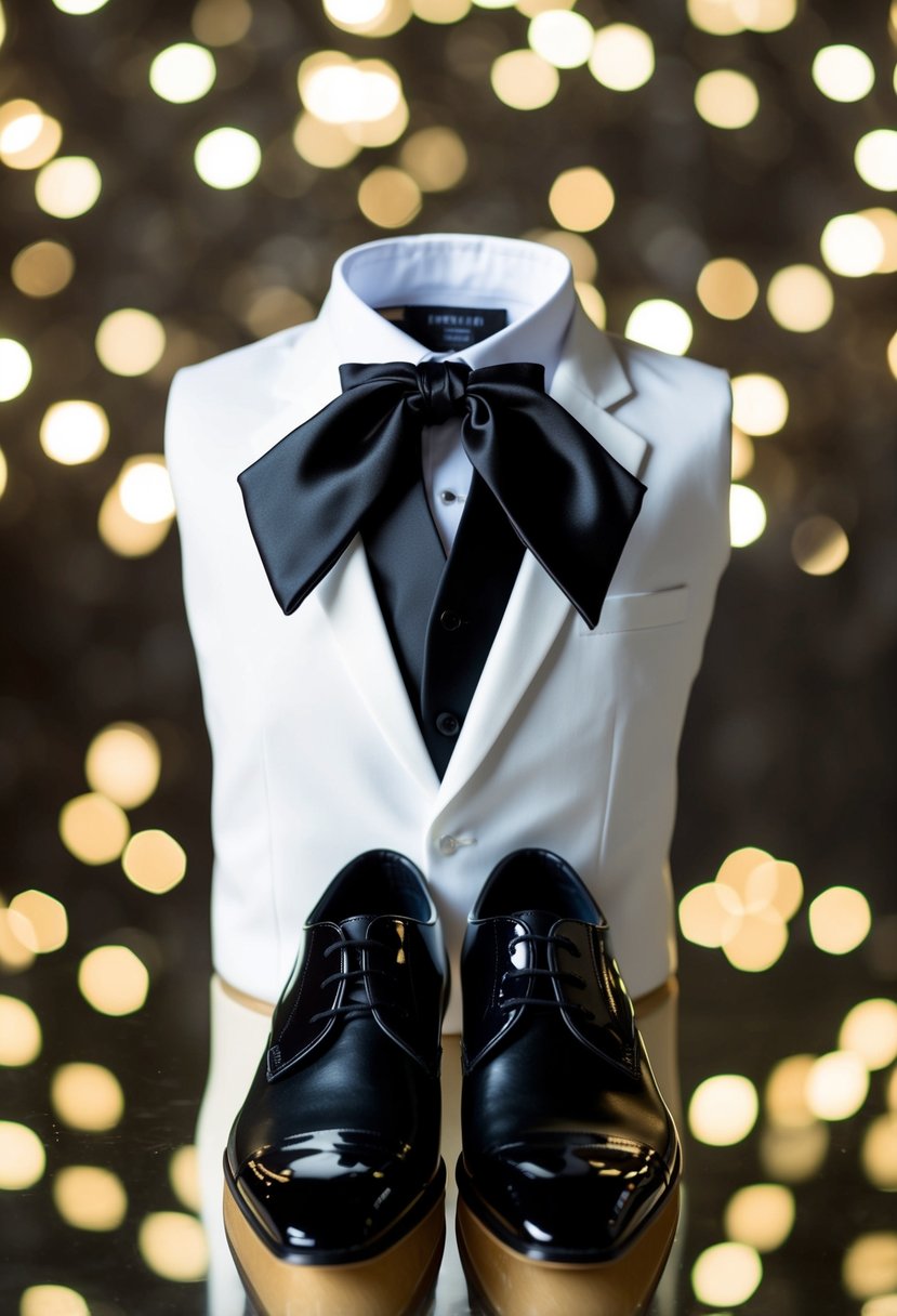 A sleek black tuxedo with a crisp white shirt and black bow tie, paired with shiny black dress shoes