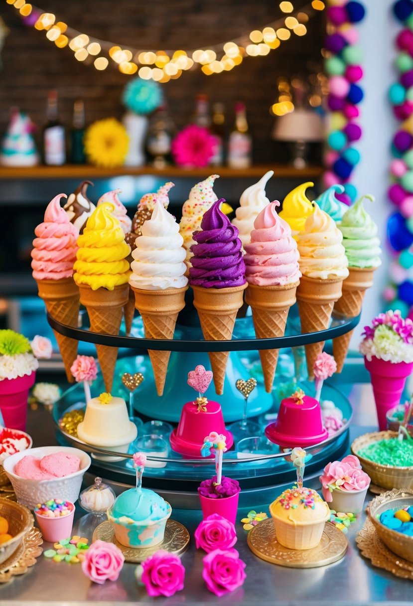 A vibrant display of various ice cream cones arranged on a bar, surrounded by colorful decorations and festive wedding-themed elements