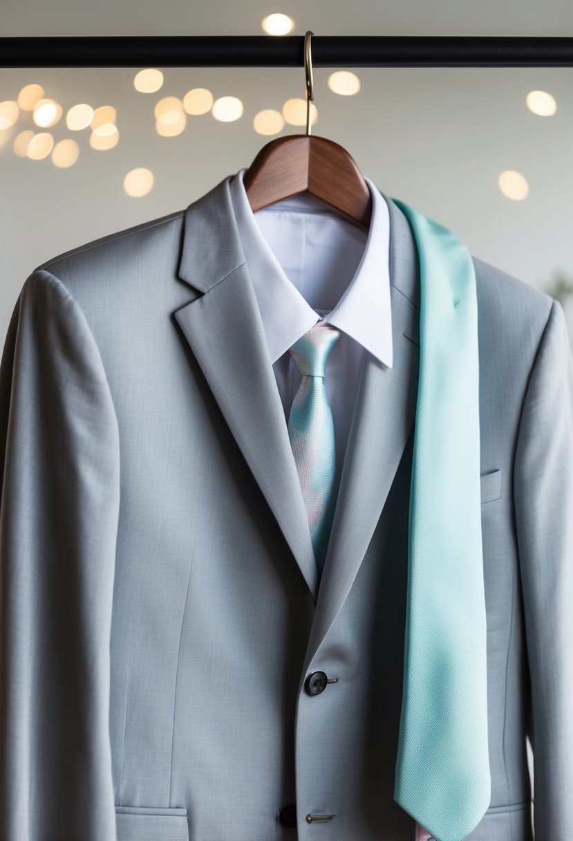 A light grey suit hanging on a wooden hanger, with a crisp white shirt and a pastel-colored tie draped nearby