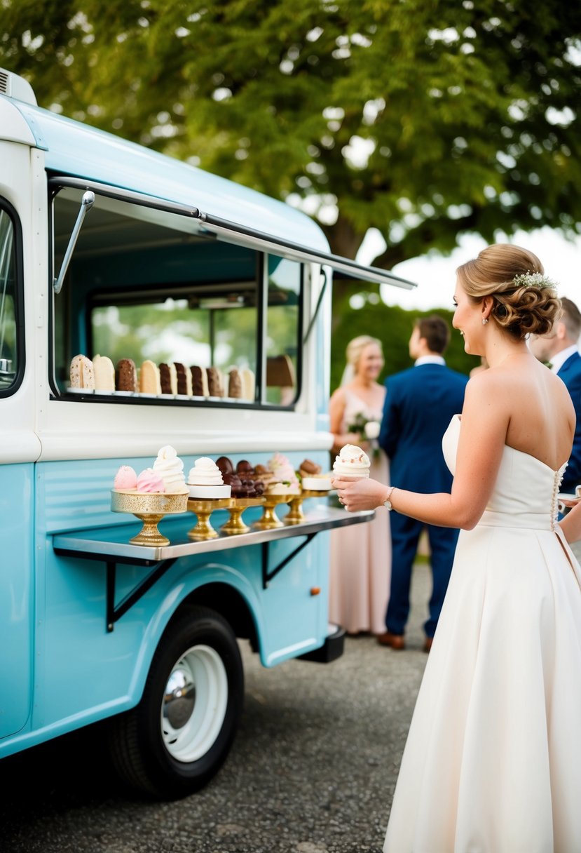 A vintage ice cream truck parked at a wedding venue, serving a variety of unique and elegant ice cream bars to guests