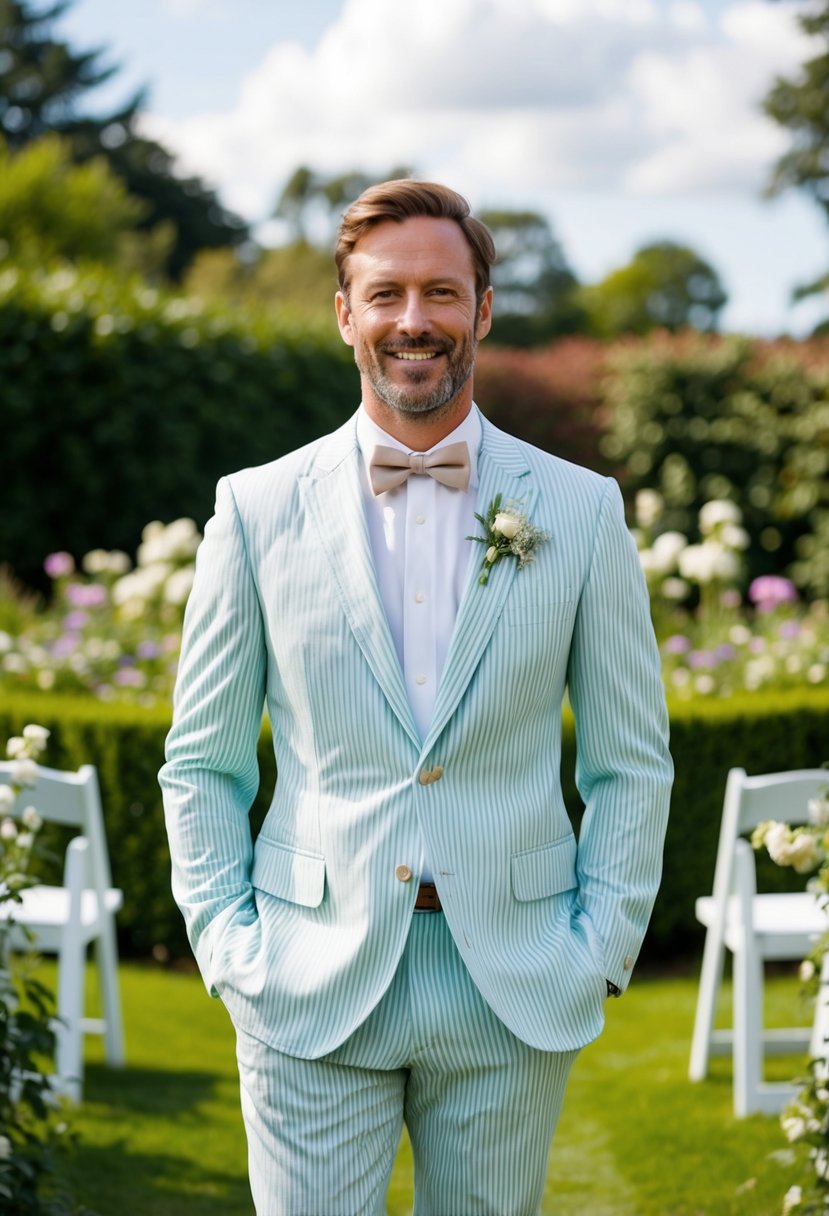 A man in a casual seersucker suit stands in a garden at a wedding, surrounded by flowers and greenery