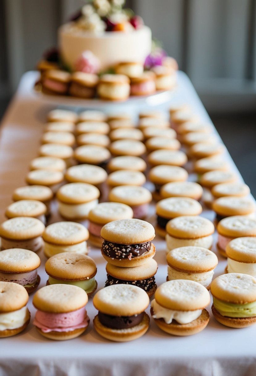 A table filled with mini ice cream sandwiches in various flavors and toppings, arranged neatly for a wedding dessert bar