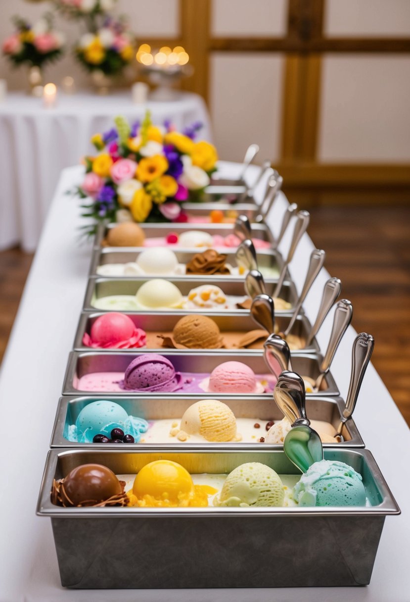 A colorful array of ice cream flavors and toppings displayed on a decorated table at a wedding reception