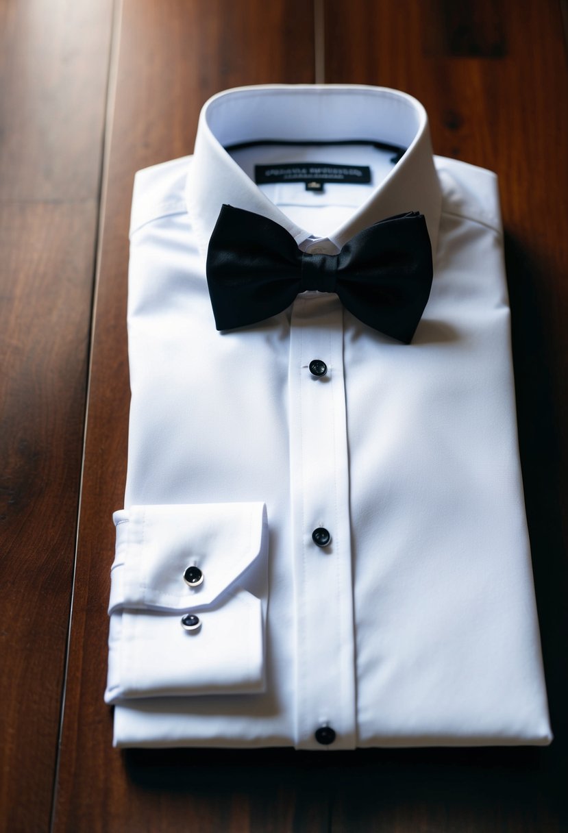 A neatly folded white dress shirt with a black bow tie laid out on a wooden table