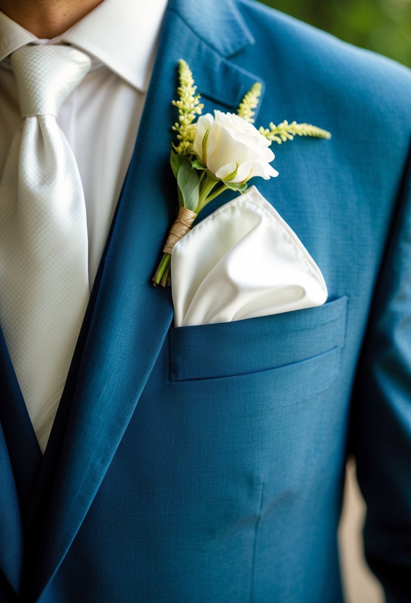 A groom's suit jacket with a crisp white pocket square neatly folded in the breast pocket