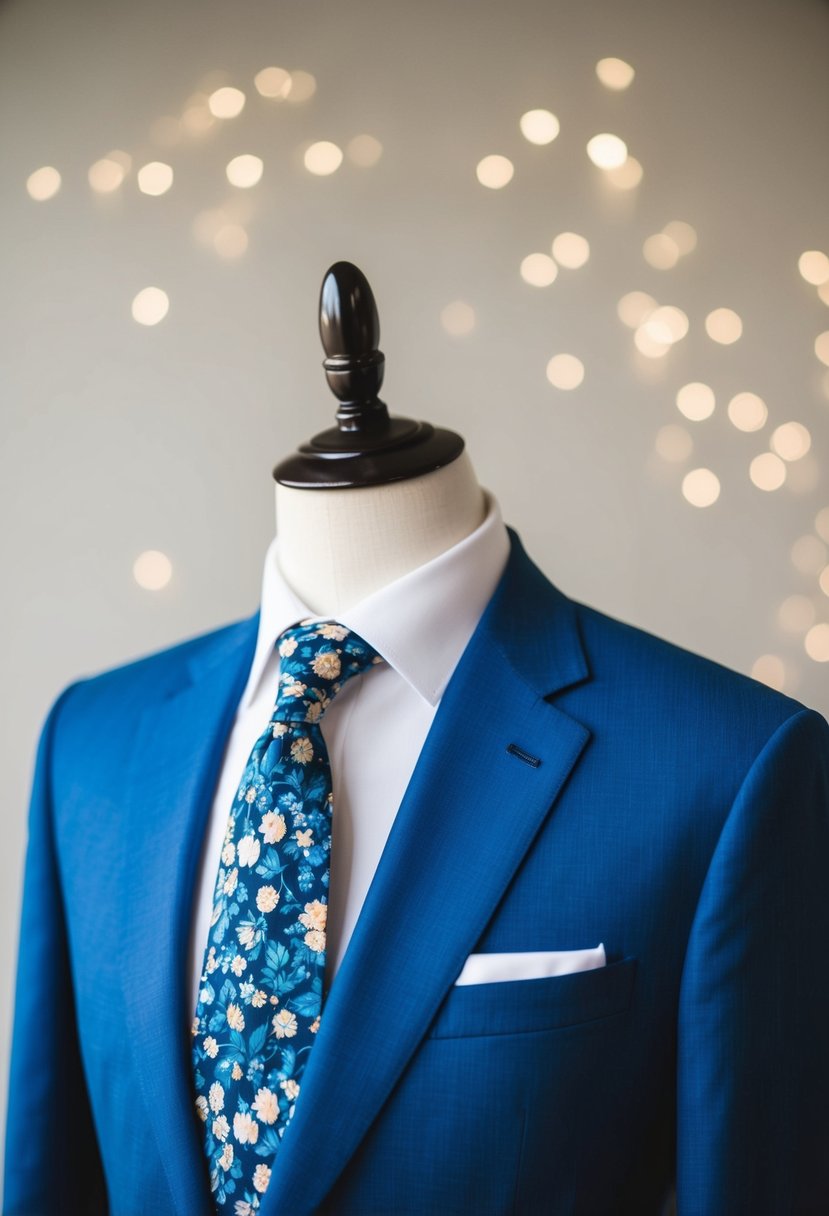 A mannequin wearing a blue suit with a floral tie, set against a neutral background