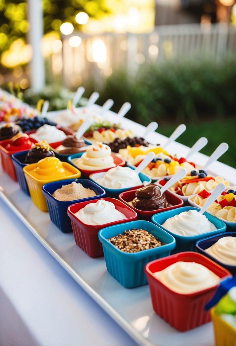 A colorful sundae bar with assorted toppings arranged neatly on a table for a wedding celebration