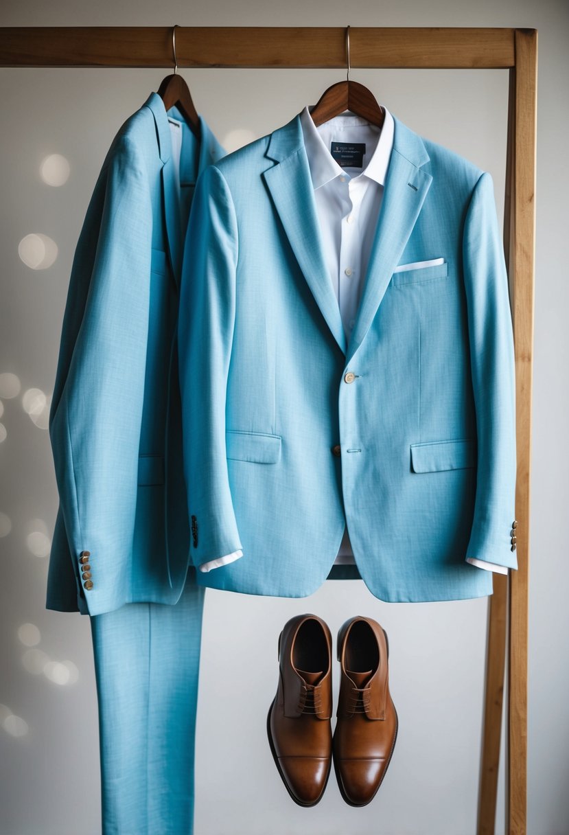 A light blue linen suit hangs on a wooden hanger, paired with brown leather shoes and a white dress shirt