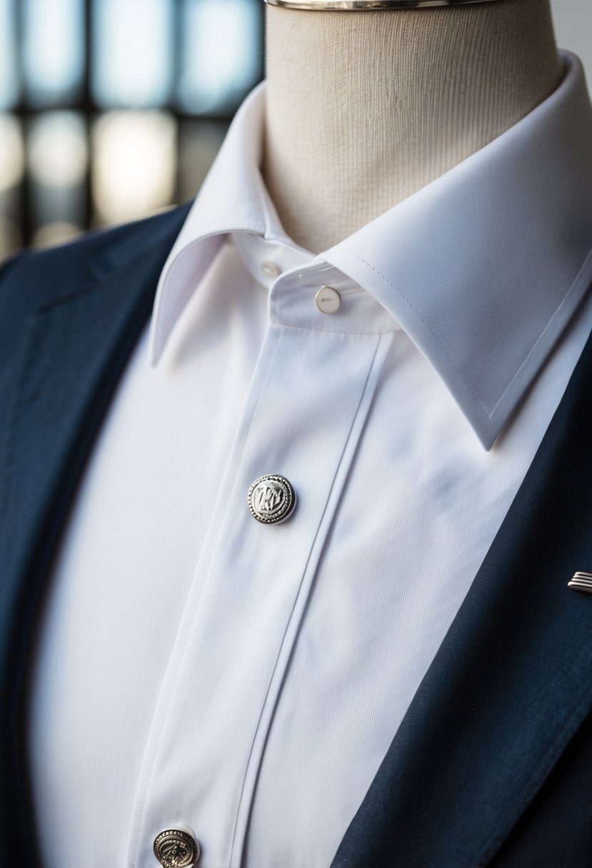 A close-up of a crisp white dress shirt with elegant cufflinks, paired with a sleek suit jacket