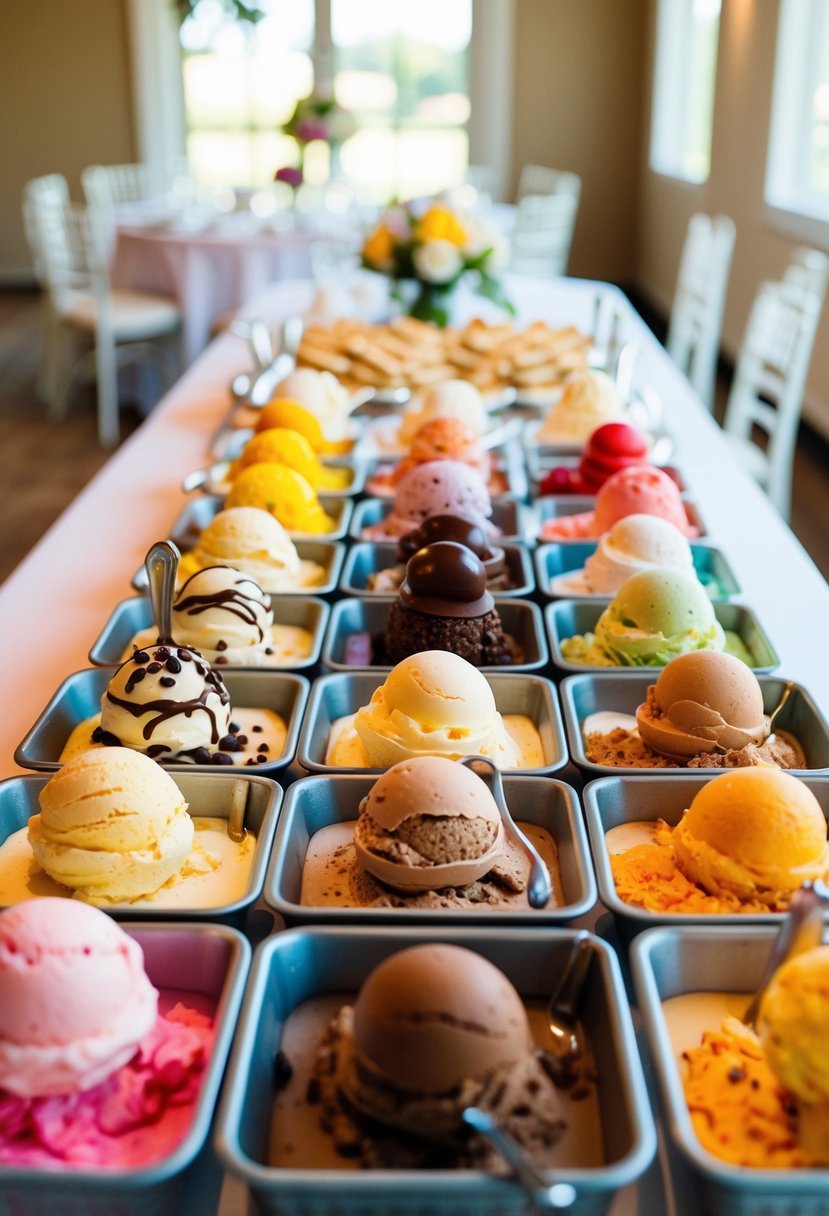 A colorful array of ice cream flavors and toppings arranged on a table at a wedding reception