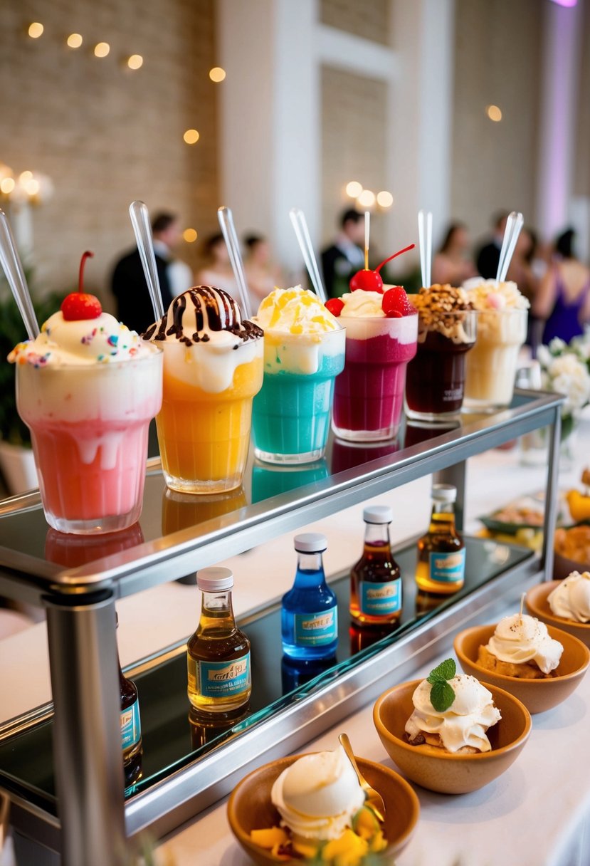 A colorful ice cream float bar with various toppings and syrups displayed on a table at a wedding reception