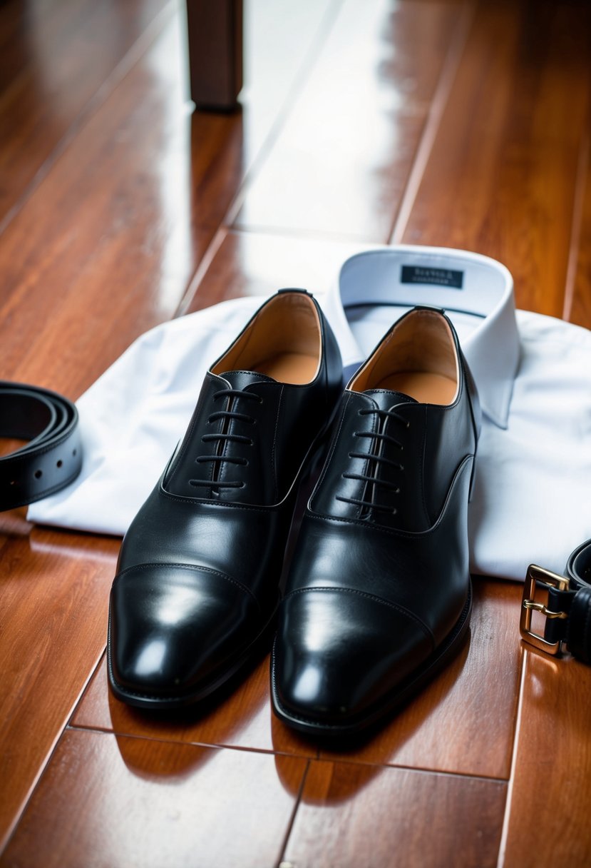 A pair of black leather dress shoes placed neatly on a polished wooden floor, surrounded by a matching belt and a crisp white dress shirt