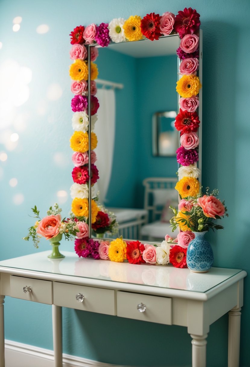 A vanity mirror adorned with colorful floral decorations