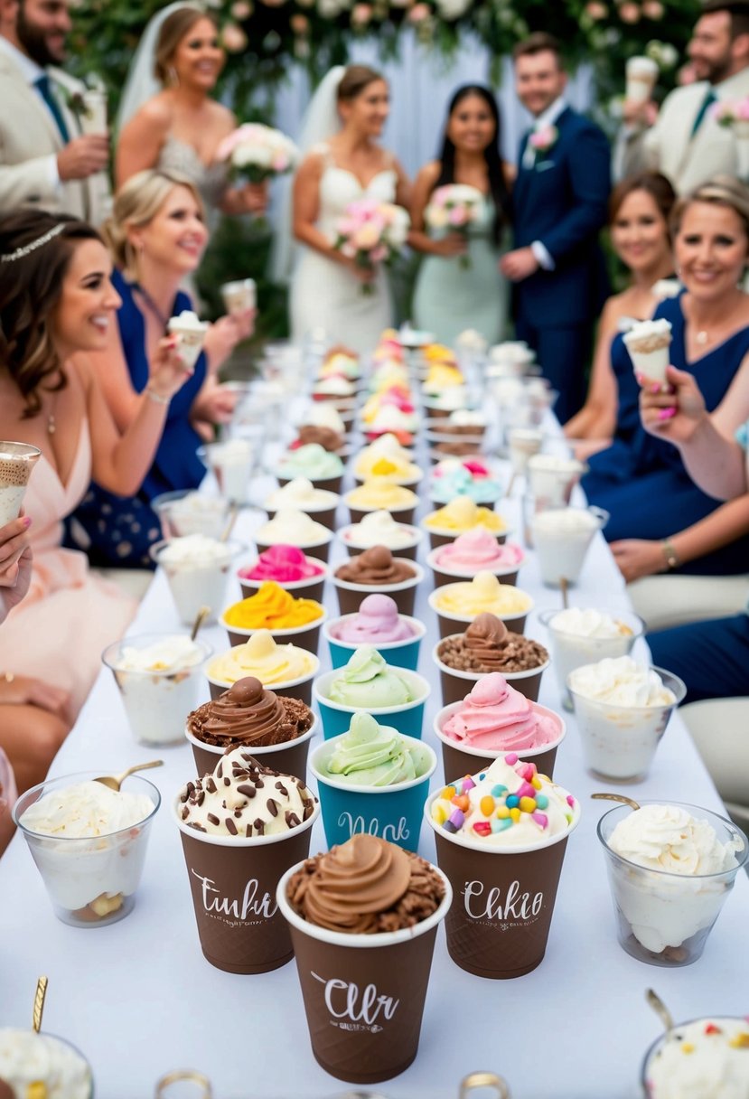 A table filled with personalized ice cream cups in various flavors and toppings, surrounded by wedding decor and happy guests