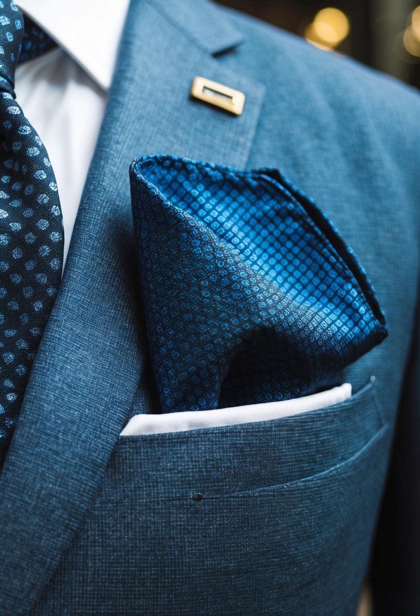 A close-up of a suit jacket breast pocket with a patterned pocket square neatly folded and tucked inside