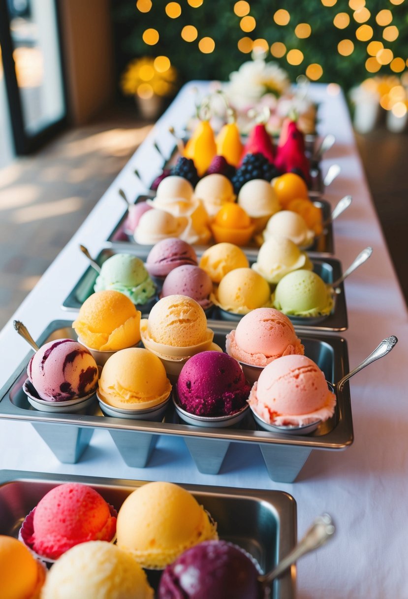 A colorful array of fruity sorbet options displayed on a stylish ice cream bar at a wedding reception