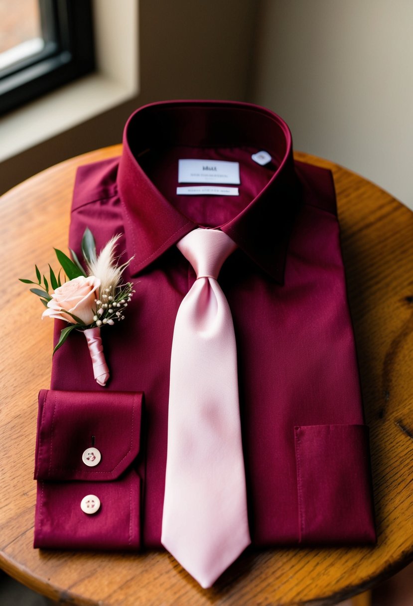 A maroon shirt paired with a pink tie, laid out on a wooden table with a matching boutonniere and cufflinks