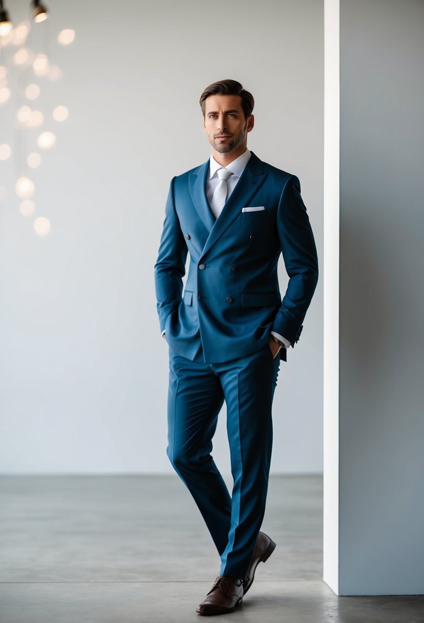 A groom in a modern double-breasted suit, standing confidently with hands in pockets, against a minimalist backdrop