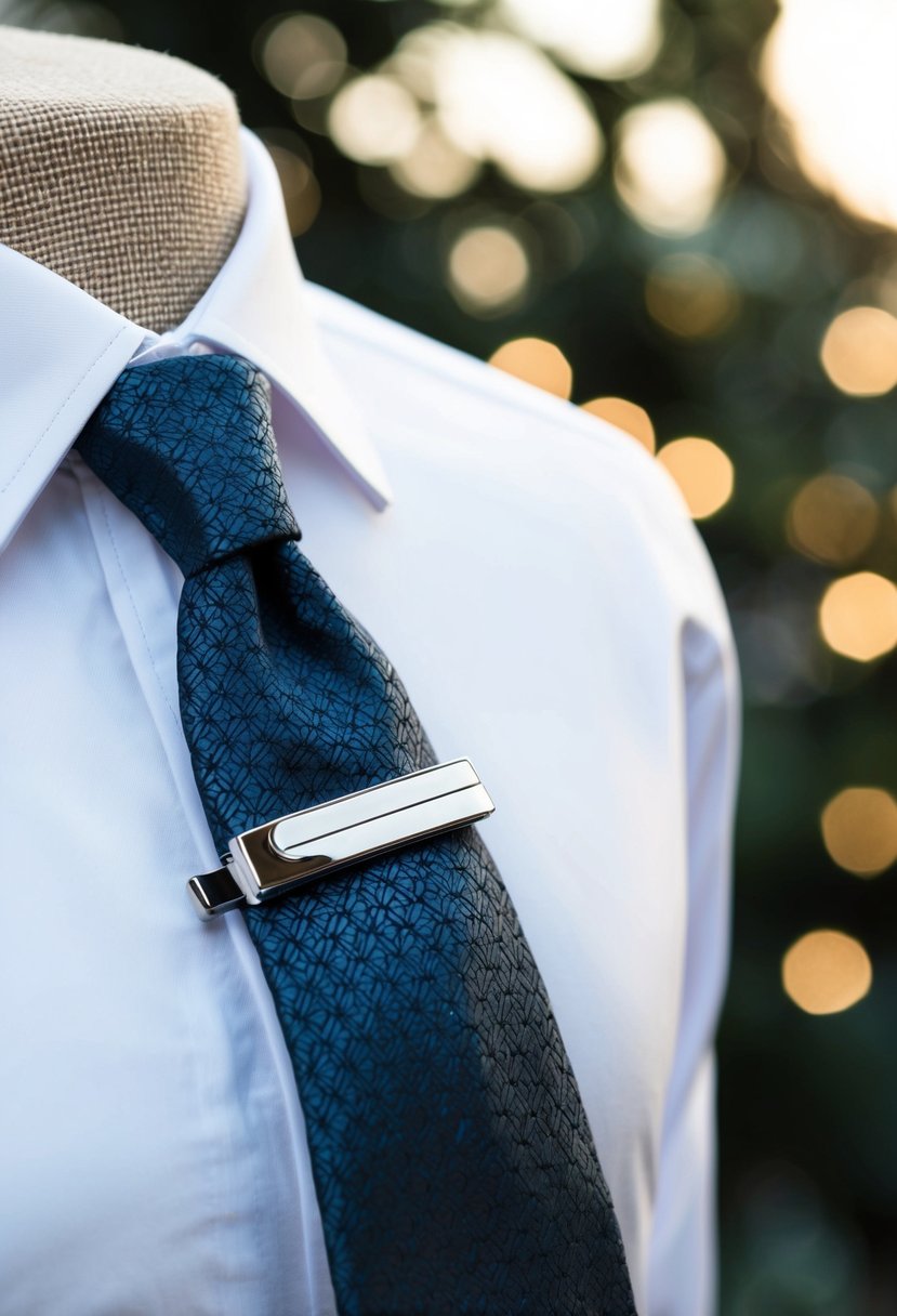 A sleek and modern tie clip adorns a crisp white dress shirt and a patterned tie, completing a sophisticated mens wedding outfit